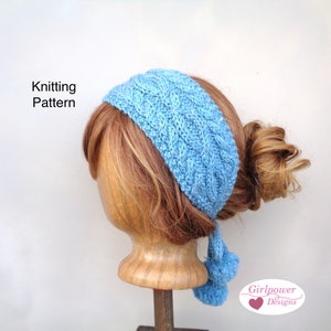 Ear Warmer Headband with Cables, Tie Back Pom Poms Knitting Pattern, Women Teen Girls, Worsted Yarn, Quick Knit