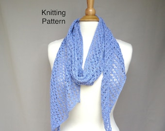 Diagonal Lace Scarf Knitting Pattern, Easy Bias Knit, Fingering Weight Yarn, Wrap Scarf Pointed Ends, Elegant Drape