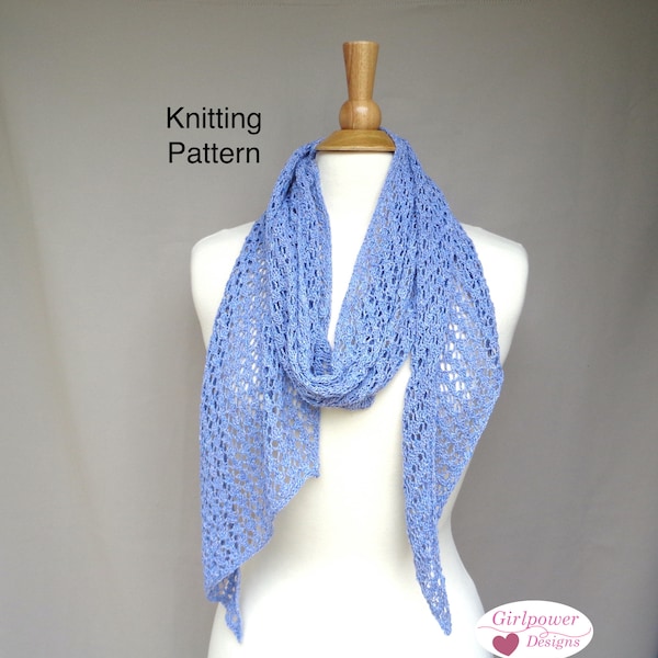 Diagonal Lace Scarf Knitting Pattern, Easy Bias Knit, Fingering Weight Yarn, Wrap Scarf Pointed Ends, Elegant Drape