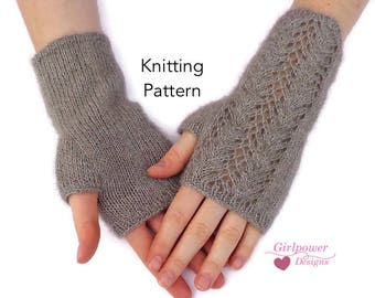 Fingerless Gloves Knitting Pattern, Womens S M L, Wrist Warmers, Fingerless Mitts, Fingering Yarn, Lace Gloves