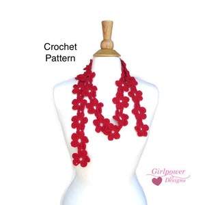 Flower Chain Scarf, Crochet Pattern, Skinny Thin Wrap Scarf, DK Worsted Yarn, Women Teen Girls, Summer Accessory Necklace