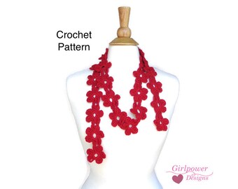 Flower Chain Scarf, Crochet Pattern, Skinny Thin Wrap Scarf, DK Worsted Yarn, Women Teen Girls, Summer Accessory Necklace