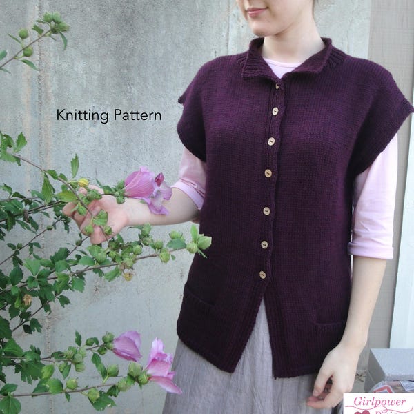 Funnel Neck Vest PDF Knitting Pattern, Short Sleeve Cardigan with Pockets, Button Up, Worsted Yarn, Women & Teens, XS S M L XL XXl