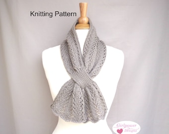 Fern Lace Keyhole Scarf Knitting Pattern, Drape Front Scarf, Pull Through Cowl, Sport Weight Yarn, Elegant