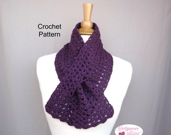 Easy Crochet Pattern Keyhole Scarf, Worsted Yarn, Lacy Scallop, Pull Through Scarf, Ascot Neck Warmer