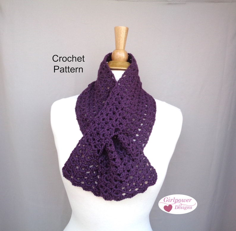 Easy Crochet Pattern Keyhole Scarf, Worsted Yarn, Lacy Scallop, Pull Through Scarf, Ascot Neck Warmer image 1