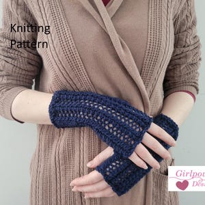 May include: Navy blue fingerless gloves with a textured, open-weave design. The gloves are handmade and appear to be knitted or crocheted. The image includes the text "Knitting Pattern" and the logo "Girlpower Designs".