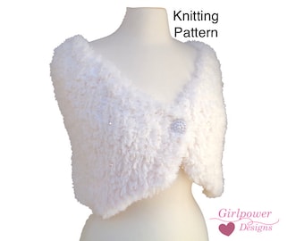 May include: White knitted shrug with a pearl button closure. The shrug is displayed on a white mannequin. The text "Knitting Pattern" and "Girlpower Designs" is visible in the image.