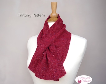 Keyhole Scarf Knitting Pattern, Stockinette with Seed Stitch Border, Pull Through Scarf, Neck Scarf, Sport DK Yarn