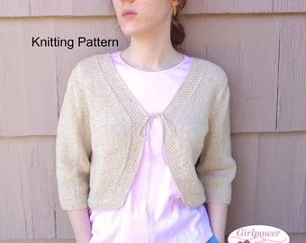 Bolero Shrug Knitting Pattern, Seed Stitch Bands, Cropped Cardigan, Tie Front, 3/4 Sleeves, DK Weight Yarn, Women Teen Girls