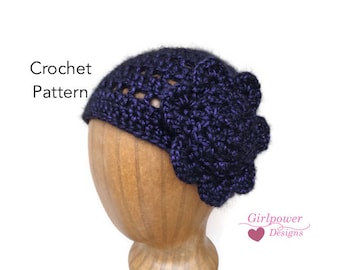 Cloche with Flower, Crochet Pattern, Lacy Beanie, Women's Cloche Hat, Teen Girls, Worsted Yarn, Quick Crochet