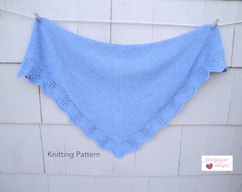 Shawl with Lace Edge PDF Knitting Pattern, Worsted Yarn, Garter or Stockinette, Feather & Fan Lace