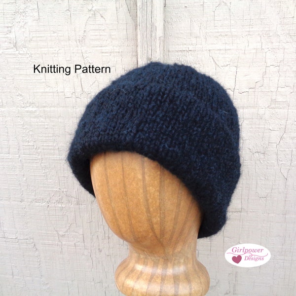 Chunky Hat with Double Brim Knitting Pattern, Adult S M L Men Women, Thick Warm Toque Beanie Cap