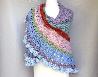 Crochet Pattern Texture Stitches Lace Shawl with Multi Colors Stripes and Ruffle, Worsted Yarn, Triangle Wrap, Fun Scrappy Style