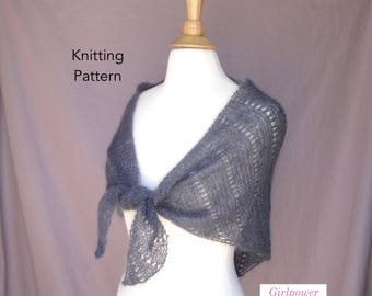 Easy Lace Shawl Knitting Pattern, Eyelet Rows Garter Stitch, Lace Yarn, Small Shawl Scarf, Mohair Yarn