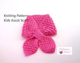 Kids Ascot Scarf Knitting Pattern, Box Stitch Texture, Worsted Yarn, Childs Neck Warmer Stays in Place, Intermediate Skill