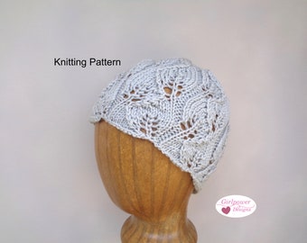 Lacy Beanie Hat with Leaf Lace Design Knitting Pattern, DK Worsted Yarn, Women Teen Girls Chic Cloche