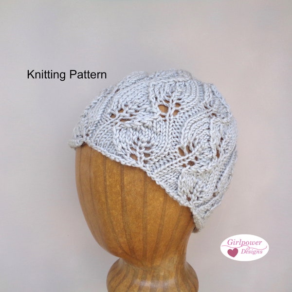 Lacy Beanie Hat with Leaf Lace Design Knitting Pattern, DK Worsted Yarn, Women Teen Girls Chic Cloche