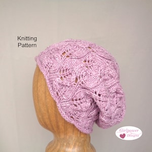 Rosebud Lace Slouch Hat Knitting Pattern, DK Weight Yarn, Light Weight Slouchy Beanie, Women Teen Girls