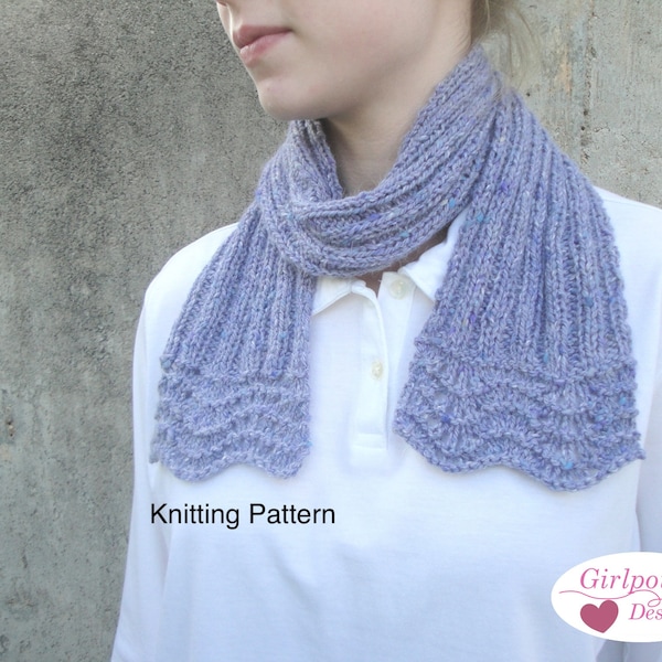 Scarf with Lace Ends Knitting Pattern, Small Short Neck Warmer Wrap, Dk Worsted Yarn, Easy Knit Gift Giving