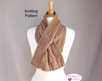 Knit Purl Design Keyhole Scarf Knitting Pattern, Unisex Style, Pull Through Neck Warmer, Aran Worsted Yarn, Easy Cables