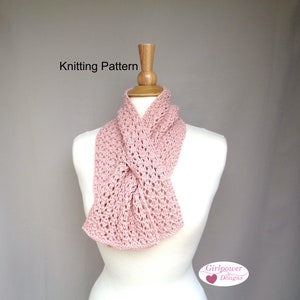Pull Through Scarf with Lace Texture, Easy Knit Pattern, Keyhole Neck Warmer, Worsted DK Yarn, Office Scarflette