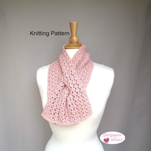 Pull Through Scarf with Lace Texture, Easy Knit Pattern, Keyhole Neck Warmer, Worsted DK Yarn, Office Scarflette