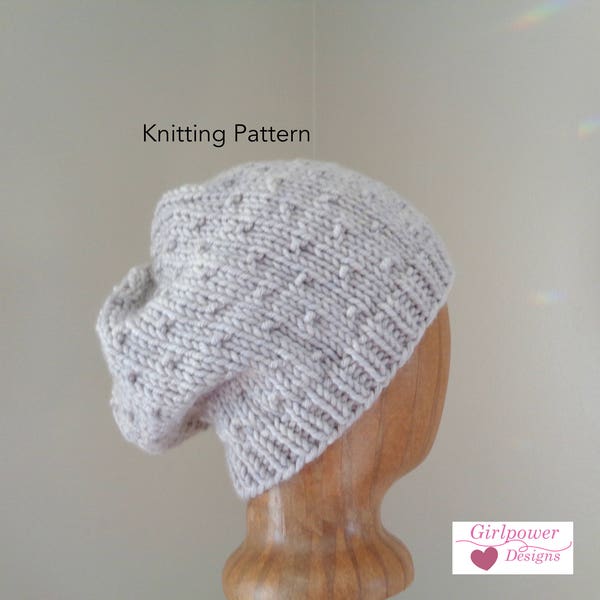 Slouchy Hat Knitting Pattern, Loose Beanie, Polka Dot Texture, Slouch Hat, Easy Knit Chunky Bulky Yarn, Women Teen Girls Winter Fashion