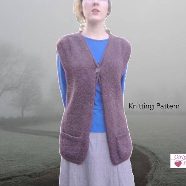 Long Sweater Vest Knitting Pattern, Intermediate Knit, Worsted Aran Yarn, Pockets, V Neck, Single Button