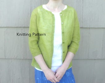 Basic Cardigan Sweater, Knitting Pattern, Mohair Lace Yarn, Women XS S M L XL XXl Cropped Length, Raglan Shape, Three Quarter Sleeve