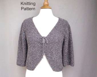 Tie Front Bolero Knitting Pattern, Cardigan Shrug, Women Teen Girls, Worsted Yarn, Cropped Sweater