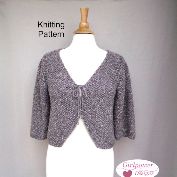 Tie Front Bolero Knitting Pattern, Cardigan Shrug, Women Teen Girls, Worsted Yarn, Cropped Sweater