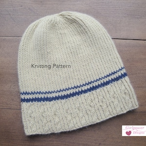 Twisted Rib Beanie Hat Knitting Pattern, Small Cables, Contrast Stripe, Sport Weight Yarn, Men Women Teens