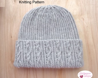 Beanie Hat with Twisted Rib and Cables Knitting Pattern, Men and Women, Long Cuff Watch Cap, Small Cables, Winter Toque