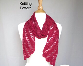 Fern Lace Scarf Knit on Bias Knitting Pattern, Elegant Drape Scarf, Scallop Edge, Fingering Sport Yarn, Skinny Thin