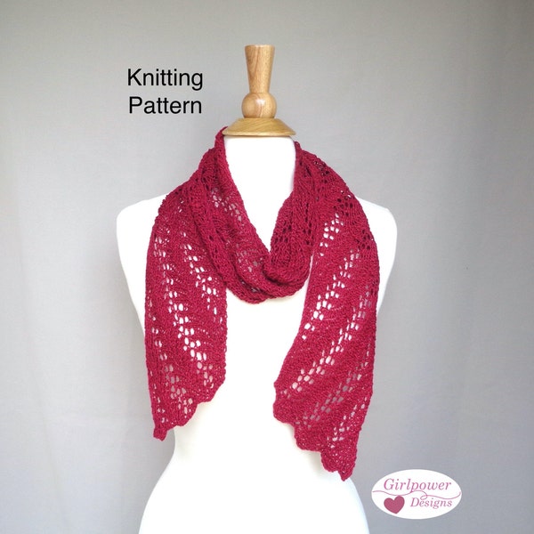 Fern Lace Scarf Knit on Bias Knitting Pattern, Elegant Drape Scarf, Scallop Edge, Fingering Sport Yarn, Skinny Thin