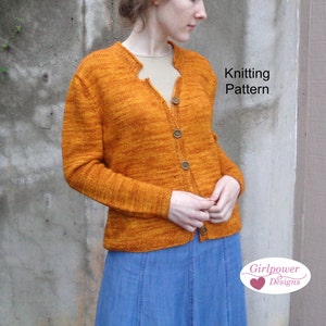 May include: A knitted cardigan in a burnt orange color with a V-neck and button closure. The cardigan is made with a textured yarn and has a slightly loose fit. The text "Knitting Pattern" is visible in the upper right corner of the image. The text "Girlpower Designs" is visible in the lower right corner of the image.