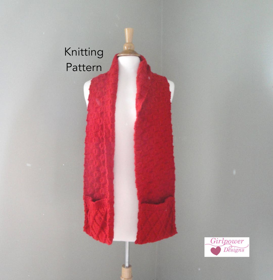 Scarf With Pockets Knitting Pattern, Cable & Box Pattern, Scarf With