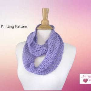 Knitting Pattern, Easy Lace Infinity Scarf, Sport DK Yarn, Cotton Blends Wool, Beginner Knit Pattern