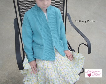 Knitting Pattern - Cardigan Sweater for Girls, Pockets, Shawl Collar, Long Sleeves, 2 4 6 8 10 12 14, Worsted Yarn, Girls Sweater Pattern