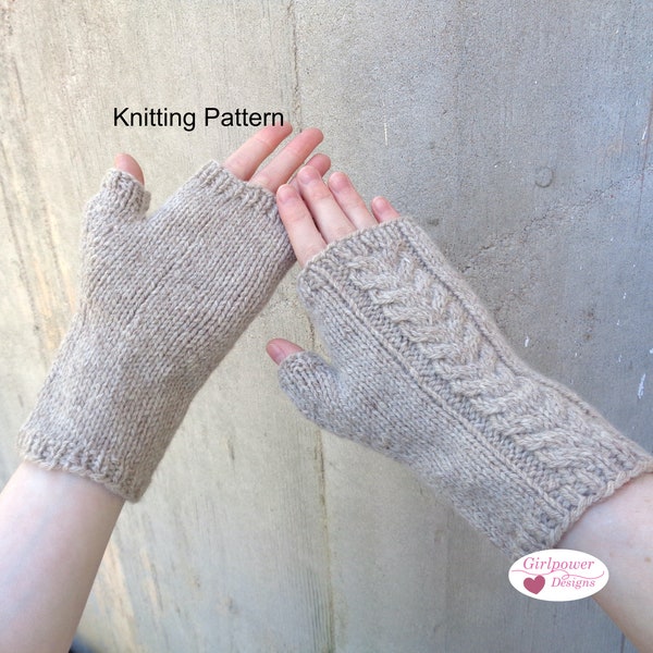 Fingerless Gloves with Cable Detail, Knitting Pattern, Hand Wrist Warmers, DK Merino Yarn, Women & Teen Girls