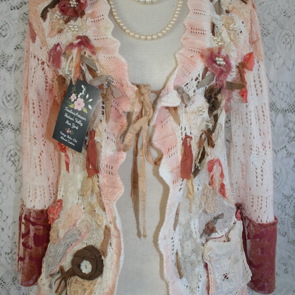 Vintage Embellished Art to Wear OOAK Romantic Cotton Cardi Shrug Spring Altered Couture Ombre Hand painted Lace Crochet Pearls Bell Sleeves