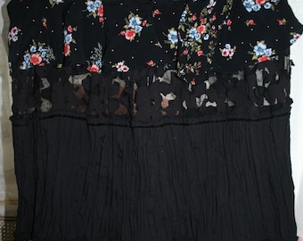 Romantic long Skirt Denim Lace floral 4 tiered upcycled vintage crochets OOAK