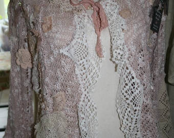 Romantic OOAK Cotton Cardi Shrug Vintage Crochets Upcycled Wearable Art