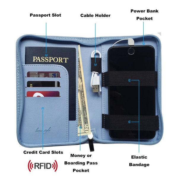 Soporte para pasaporte con carga para teléfono -13 variaciones- Cartera de viaje con bloqueo RFID con banco de energía extraíble ultradelgado para todos los teléfonos - ¡ENVÍO GRATIS!