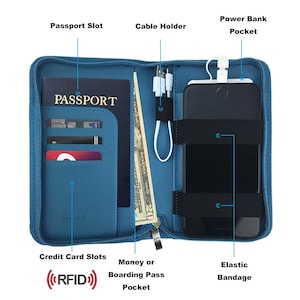 May include: A teal travel wallet with multiple compartments. Features include a passport slot, credit card slots, a money pocket, a cable holder, and a power bank pocket. An elastic bandage secures a smartphone. The wallet is labeled with "PASSPORT" and "RFID".