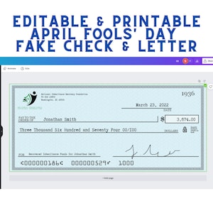 May include: A blue and white printable fake check with the text "National Inheritance Recovery Foundation" and "Jonathan Smith" printed on it. The check is dated March 23, 2022, and the amount is $3,674.00. The check is for "Recovered Inheritance Funds for Johnathan Smith".