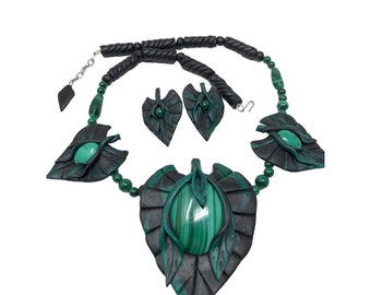 Handcrafted Clay Necklace Earrings Set Leaf Motif Signed Green Black