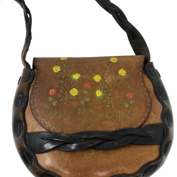 1960’s Hippie Leather Tooled Floral Painted Shoulder Bag