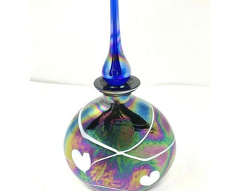 Studio Art Glass Iridescent Nouveau Perfume Bottle w Stopper Hanging Hearts